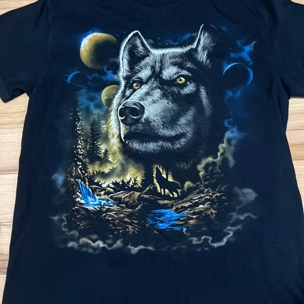 Black and Blue Wolf Night Nature Graphic T-shirt - Picture 2 of 3